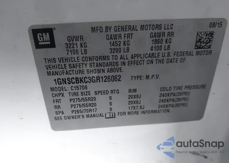 2016 Chevrolet Tahoe Lt z USA, uszkodzony, nr VIN 1GNSCBKC3GR126062